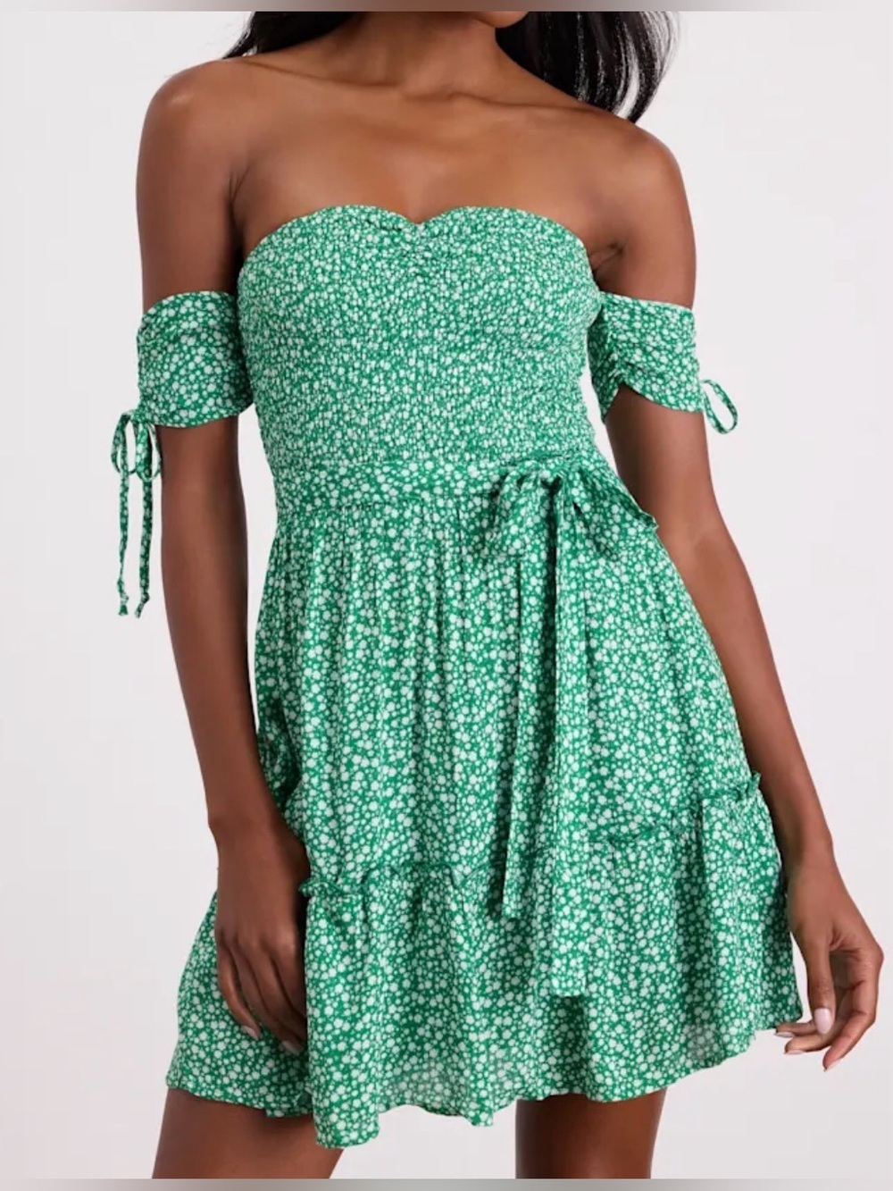 Lulus NWT Sweetest Feelings green floral off the shoulder mini dress, medium